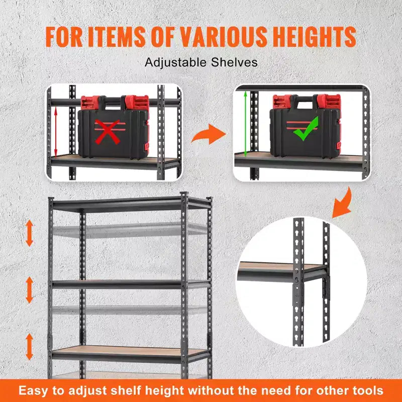Étagère de rangement VEVOR, 5 niveaux réglables, capacité de 907 kg, étagères de garage robustes, organisateur en métal, rack utilitaire, noir, 89L x 46W x 180H