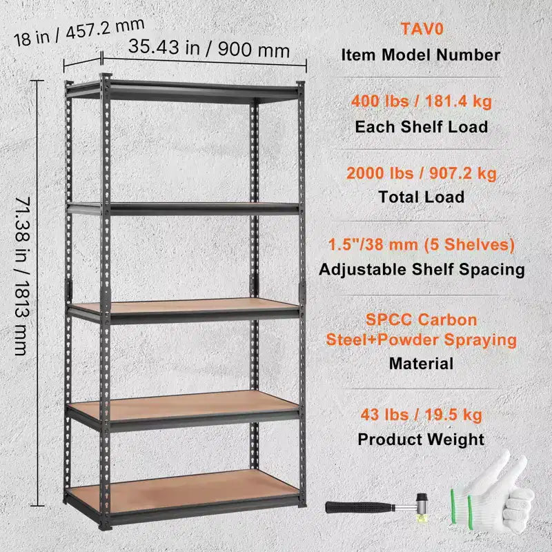 Étagère de rangement VEVOR, 5 niveaux réglables, capacité de 907 kg, étagères de garage robustes, organisateur en métal, rack utilitaire, noir, 89L x 46W x 180H