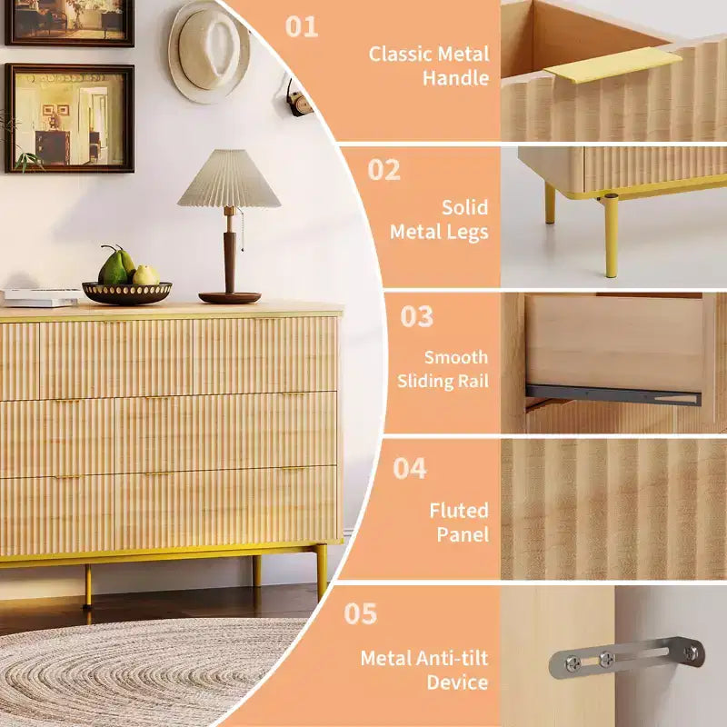 COZONY Commode cannelée 7 tiroirs, 137 cm de large, meuble de rangement moderne en bois avec design incurvé et poignées métalliques pour chambre à coucher ou salon