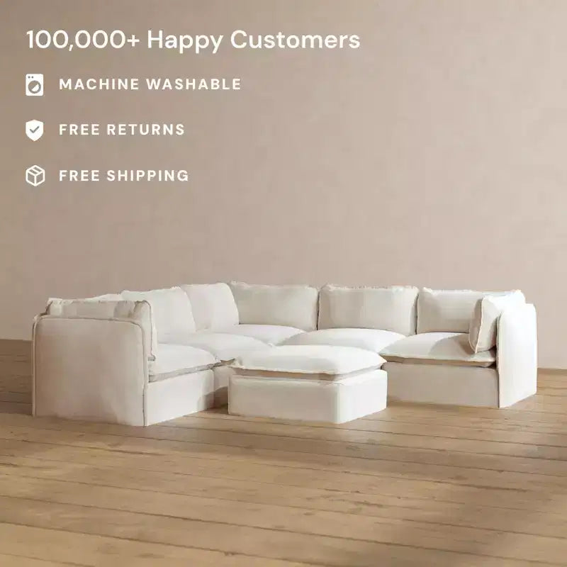 Canapé d'angle modulable 5 places lavable Anabei + pouf | Assise Deluxe+ et coussin Cloud