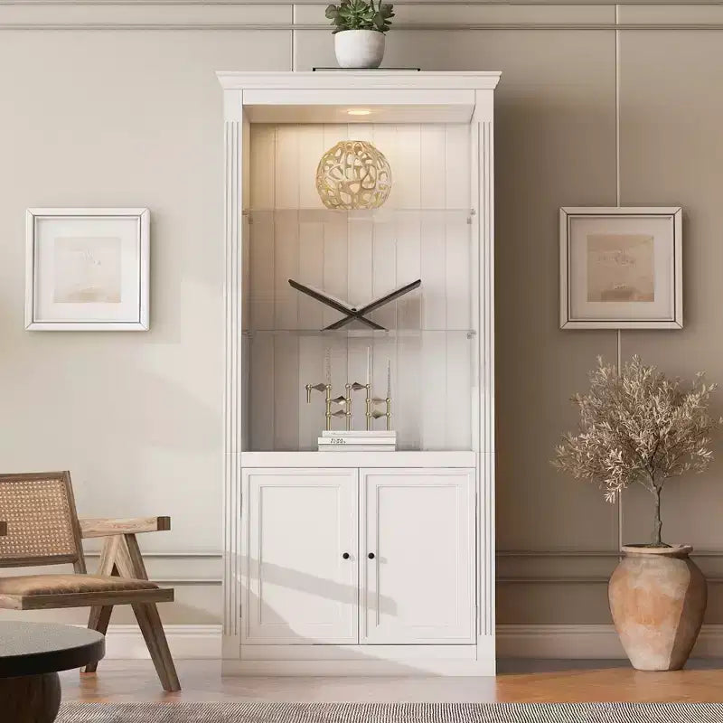 Bibliothèque de 200 cm de haut, Vitrine avec plafonnier LED réglable 5 couleurs et étagères en verre trempé, Style rétro - ModernLuxe