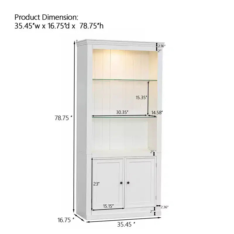 Bibliothèque de 200 cm de haut, Vitrine avec plafonnier LED réglable 5 couleurs et étagères en verre trempé, Style rétro - ModernLuxe