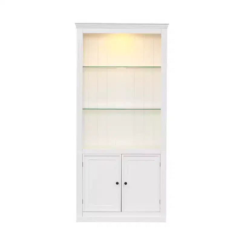 Bibliothèque de 200 cm de haut, Vitrine avec plafonnier LED réglable 5 couleurs et étagères en verre trempé, Style rétro - ModernLuxe