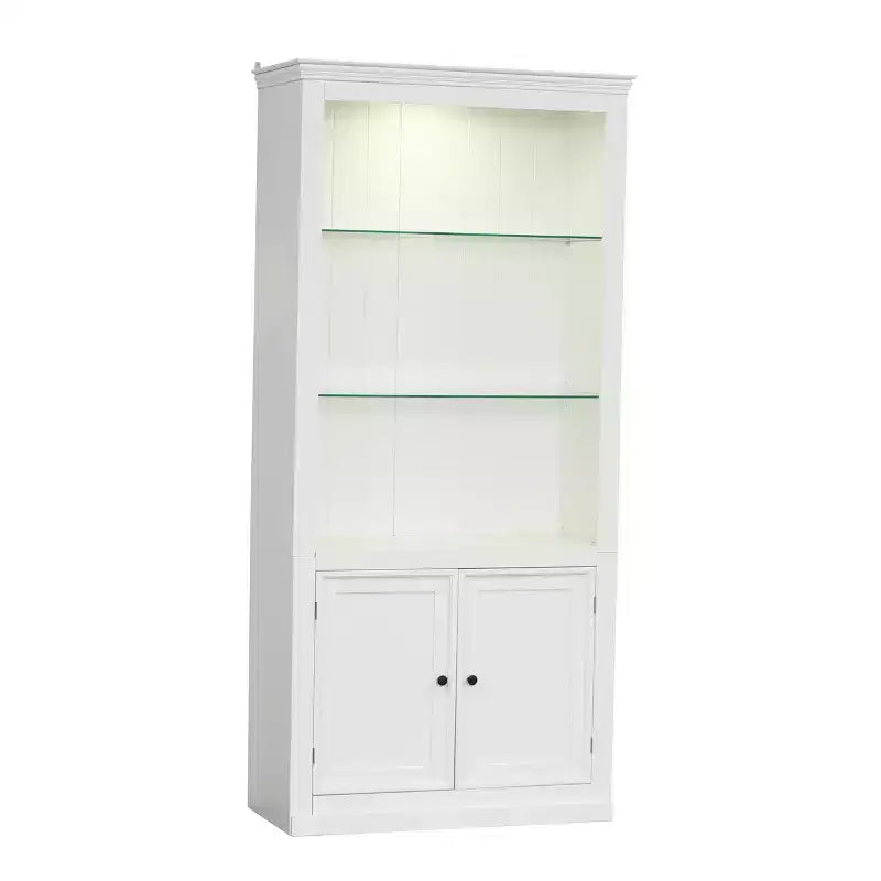 Bibliothèque de 200 cm de haut, Vitrine avec plafonnier LED réglable 5 couleurs et étagères en verre trempé, Style rétro - ModernLuxe