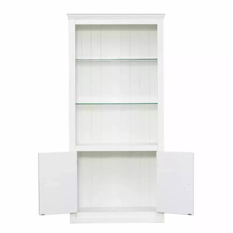 Bibliothèque de 200 cm de haut, Vitrine avec plafonnier LED réglable 5 couleurs et étagères en verre trempé, Style rétro - ModernLuxe