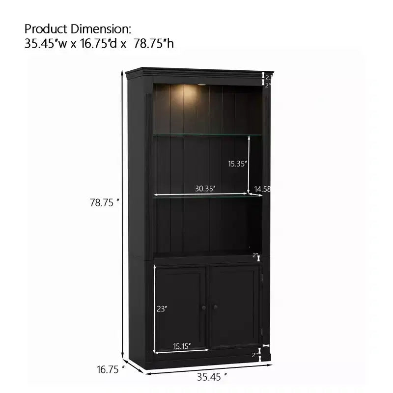 Bibliothèque de 200 cm de haut, Vitrine avec plafonnier LED réglable 5 couleurs et étagères en verre trempé, Style rétro - ModernLuxe