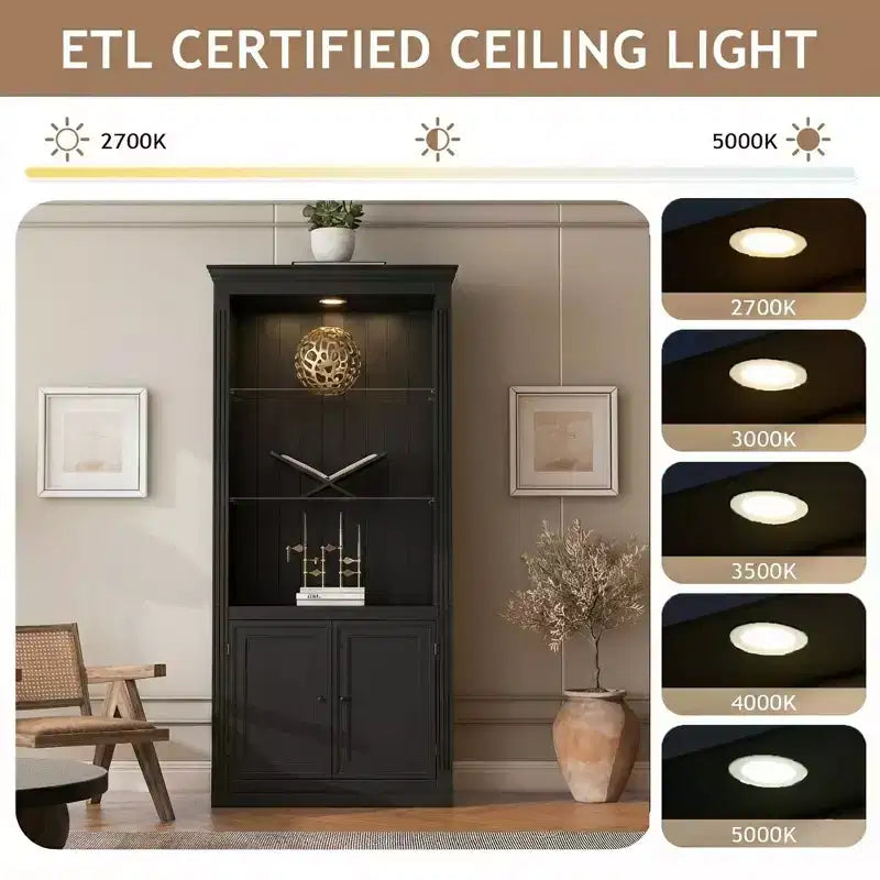 Bibliothèque de 200 cm de haut, Vitrine avec plafonnier LED réglable 5 couleurs et étagères en verre trempé, Style rétro - ModernLuxe
