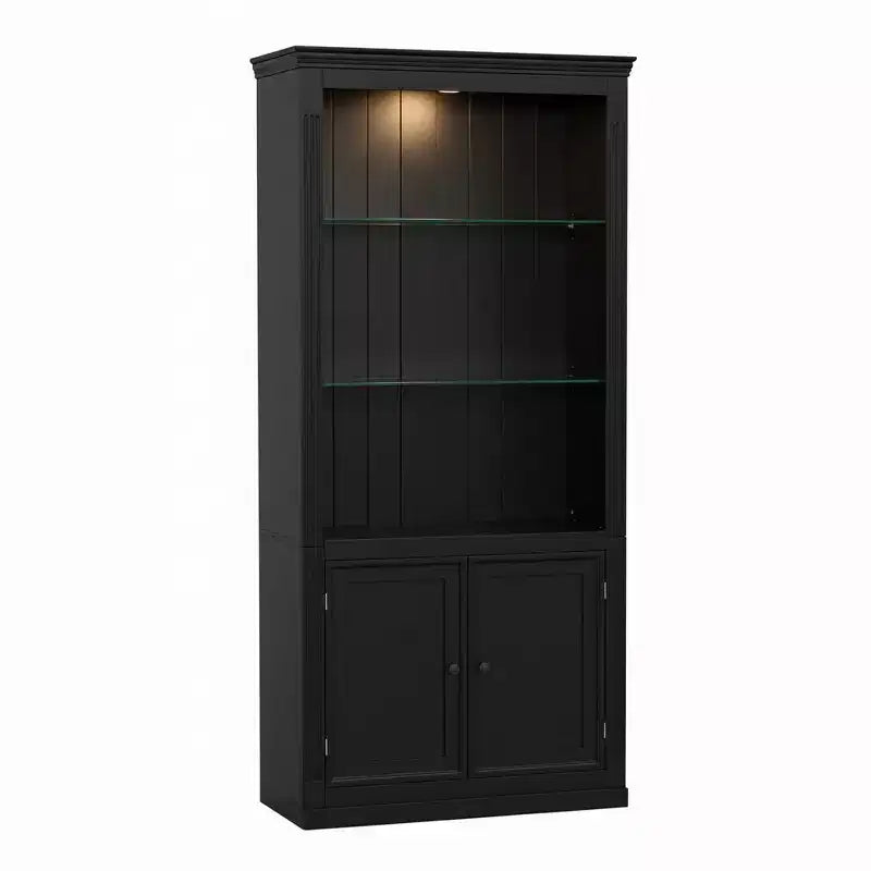 Bibliothèque de 200 cm de haut, Vitrine avec plafonnier LED réglable 5 couleurs et étagères en verre trempé, Style rétro - ModernLuxe