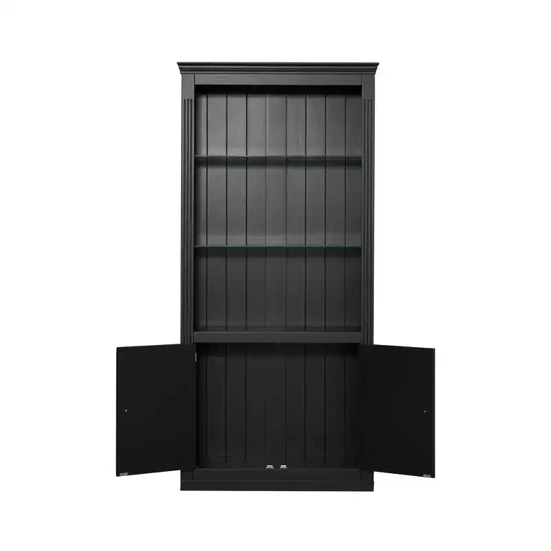 Bibliothèque de 200 cm de haut, Vitrine avec plafonnier LED réglable 5 couleurs et étagères en verre trempé, Style rétro - ModernLuxe