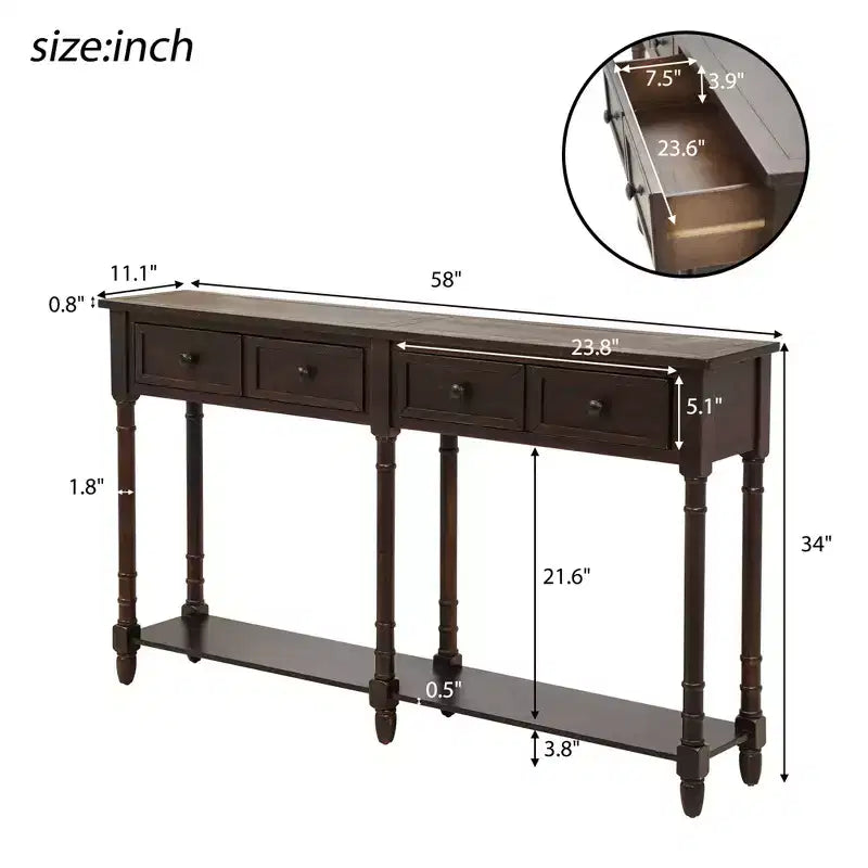 Console rustique de 147 cm avec deux tiroirs et une étagère, table d'appoint de canapé vintage pour salon ou entrée