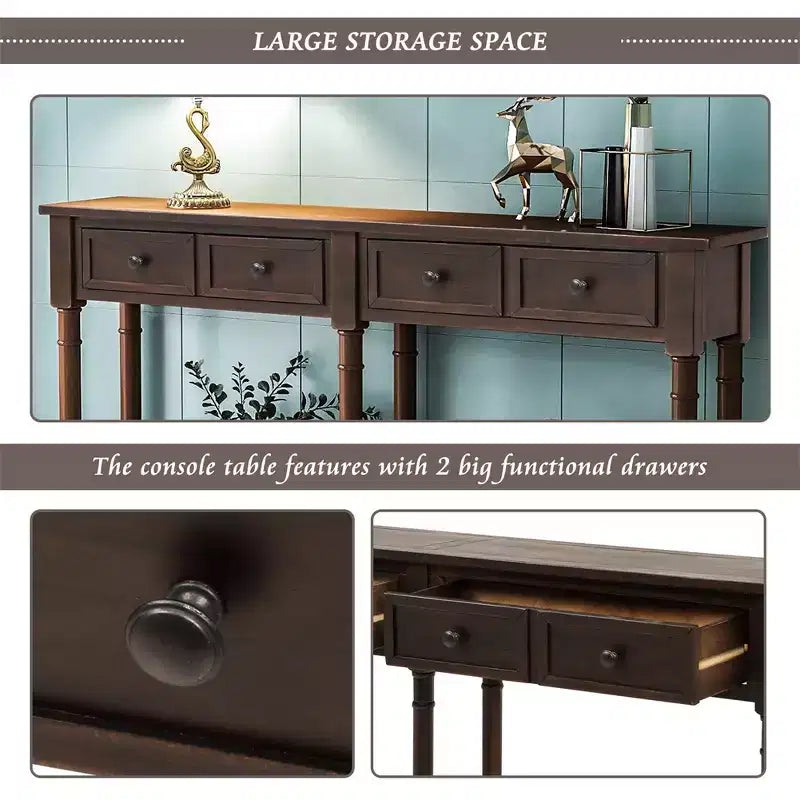 Console rustique de 147 cm avec deux tiroirs et une étagère, table d'appoint de canapé vintage pour salon ou entrée