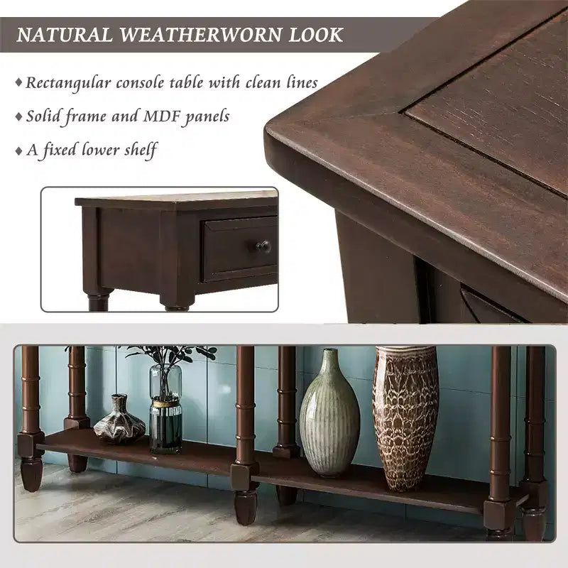 Console rustique de 147 cm avec deux tiroirs et une étagère, table d'appoint de canapé vintage pour salon ou entrée