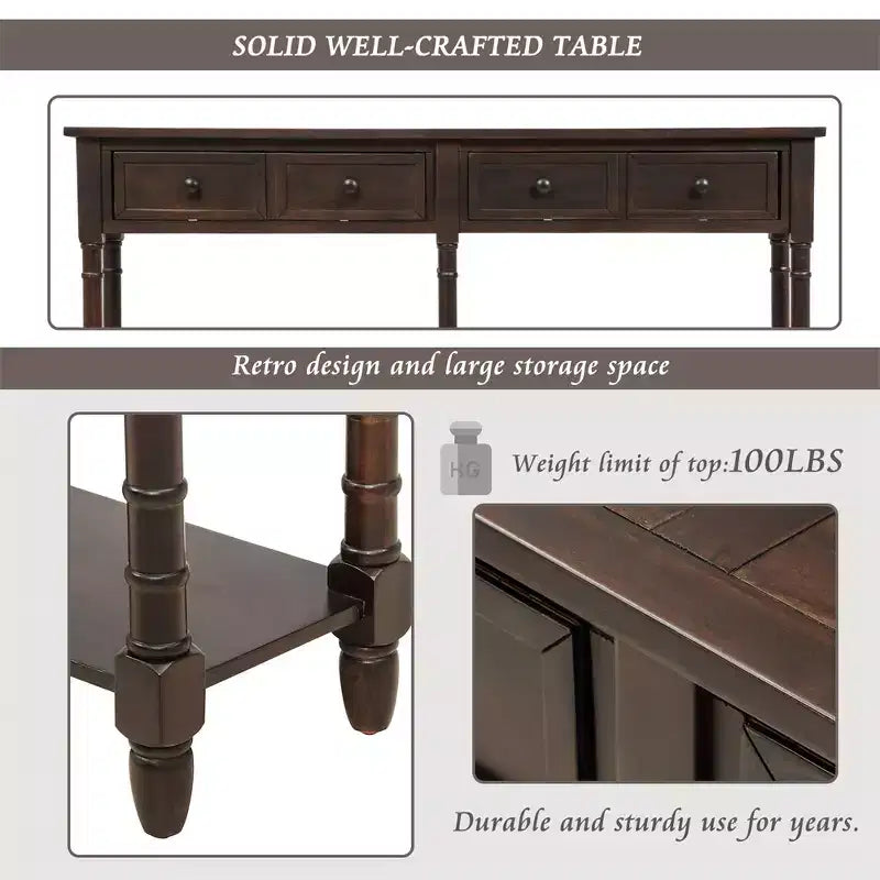 Console rustique de 147 cm avec deux tiroirs et une étagère, table d'appoint de canapé vintage pour salon ou entrée