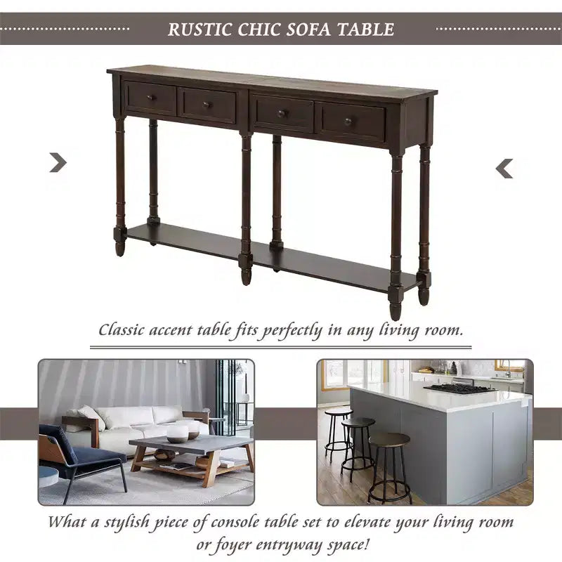 Console rustique de 147 cm avec deux tiroirs et une étagère, table d'appoint de canapé vintage pour salon ou entrée