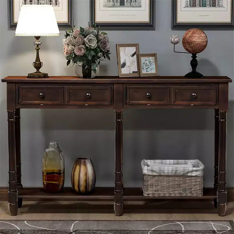 Console rustique de 147 cm avec deux tiroirs et une étagère, table d'appoint de canapé vintage pour salon ou entrée