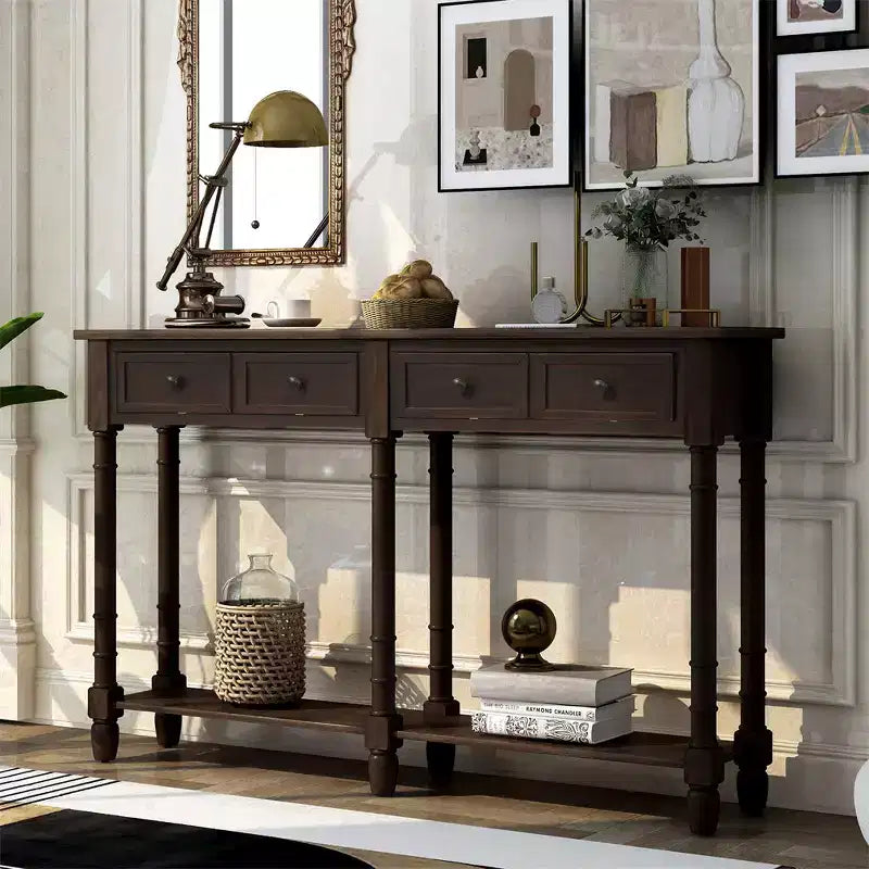 Console rustique de 147 cm avec deux tiroirs et une étagère, table d'appoint de canapé vintage pour salon ou entrée