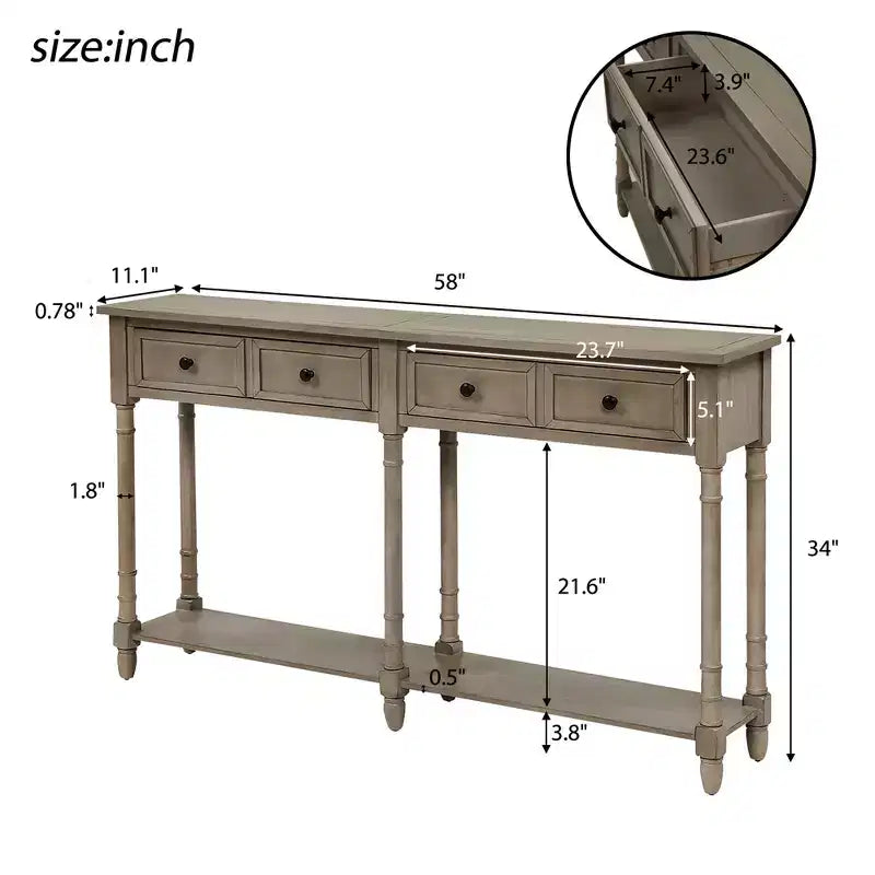 Console rustique de 147 cm avec deux tiroirs et une étagère, table d'appoint de canapé vintage pour salon ou entrée