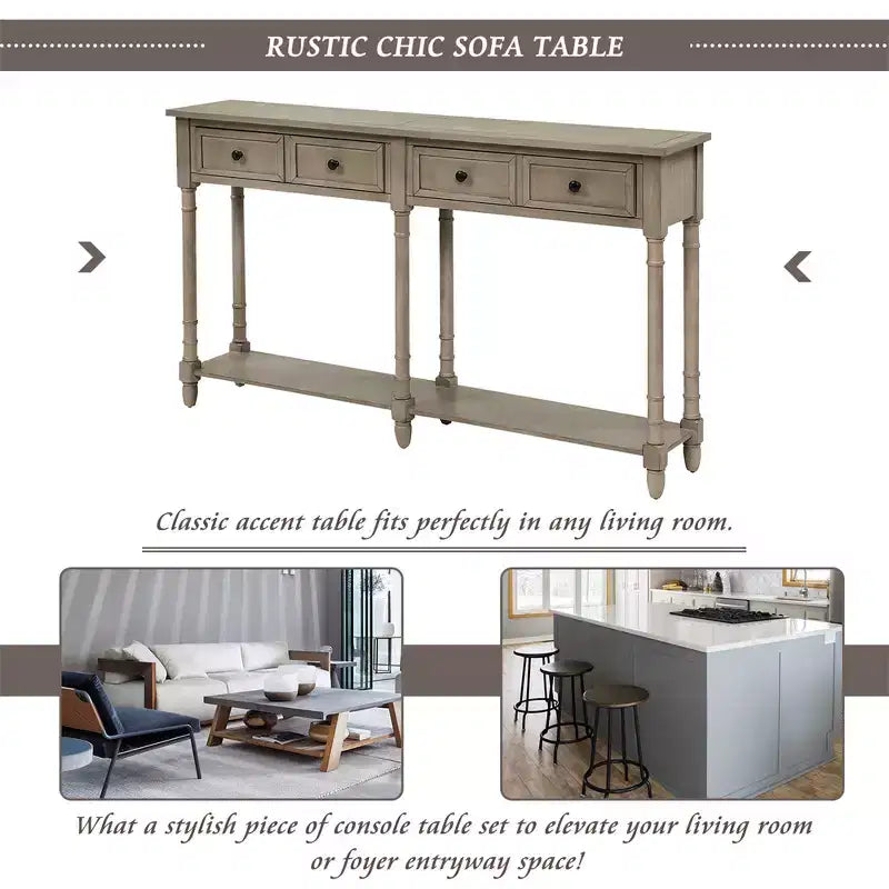 Console rustique de 147 cm avec deux tiroirs et une étagère, table d'appoint de canapé vintage pour salon ou entrée