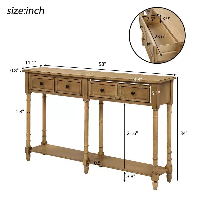 Console rustique de 147 cm avec deux tiroirs et une étagère, table d'appoint de canapé vintage pour salon ou entrée