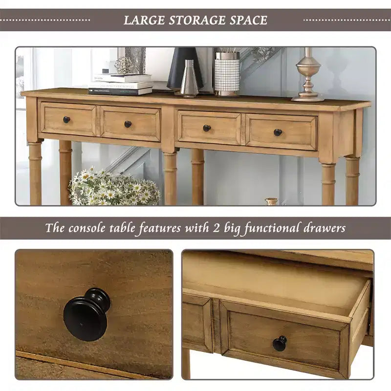 Console rustique de 147 cm avec deux tiroirs et une étagère, table d'appoint de canapé vintage pour salon ou entrée