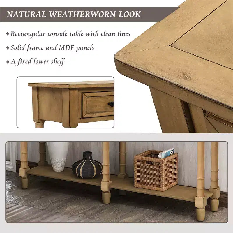Console rustique de 147 cm avec deux tiroirs et une étagère, table d'appoint de canapé vintage pour salon ou entrée
