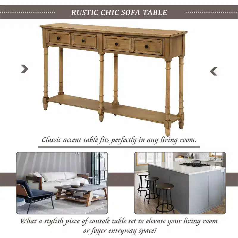 Console rustique de 147 cm avec deux tiroirs et une étagère, table d'appoint de canapé vintage pour salon ou entrée
