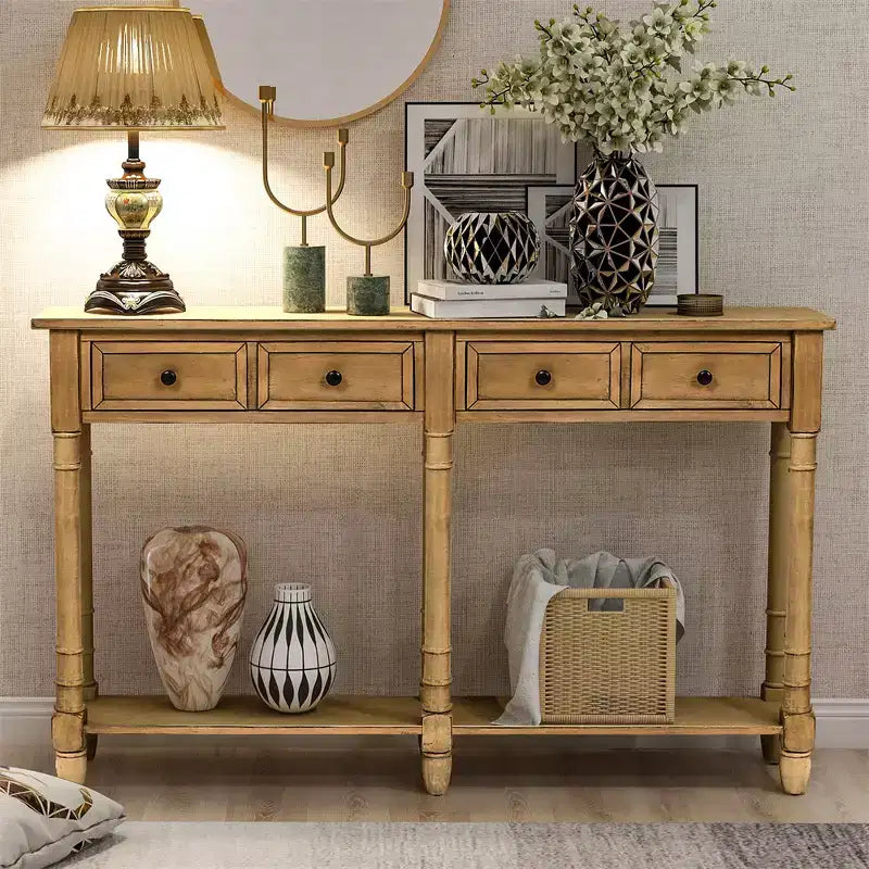 Console rustique de 147 cm avec deux tiroirs et une étagère, table d'appoint de canapé vintage pour salon ou entrée