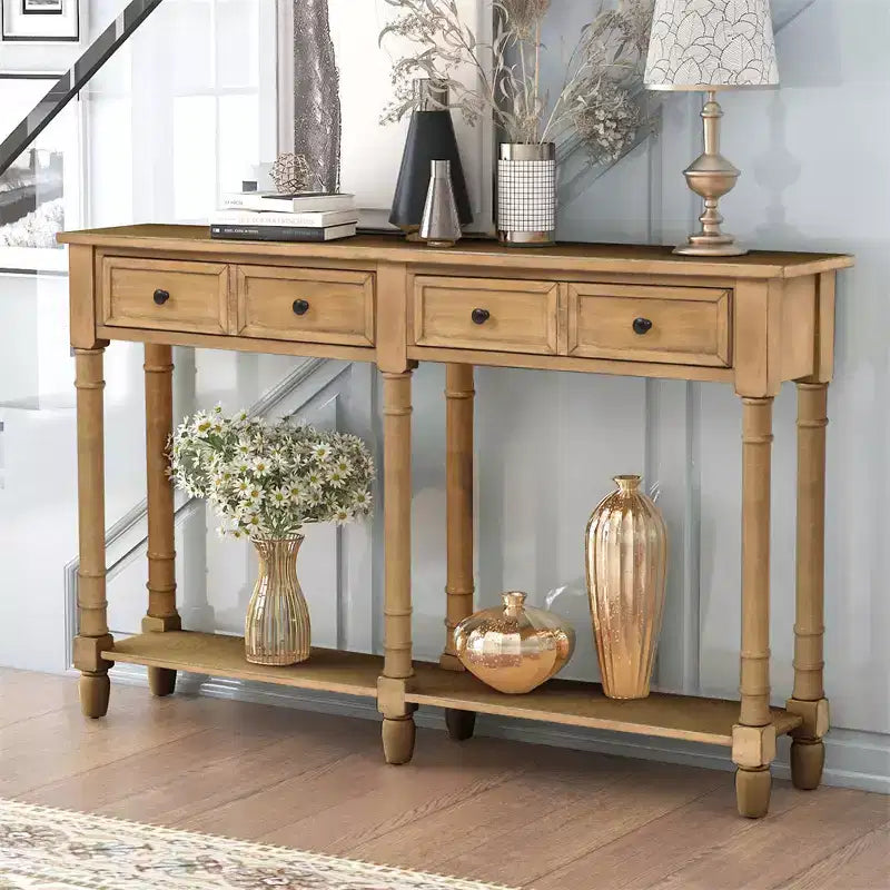 Console rustique de 147 cm avec deux tiroirs et une étagère, table d'appoint de canapé vintage pour salon ou entrée