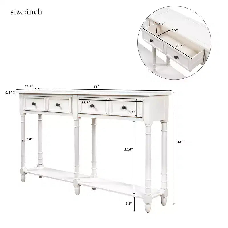 Console rustique de 147 cm avec deux tiroirs et une étagère, table d'appoint de canapé vintage pour salon ou entrée