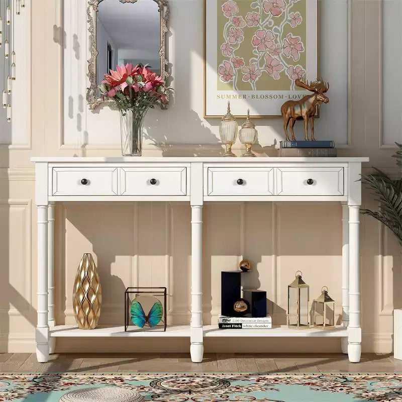 Console rustique de 147 cm avec deux tiroirs et une étagère, table d'appoint de canapé vintage pour salon ou entrée
