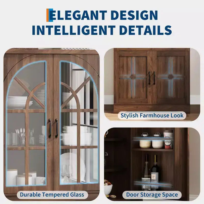 Armoire de cuisine haute de 72 po style ferme avec portes en verre cintrées et étagères réglables