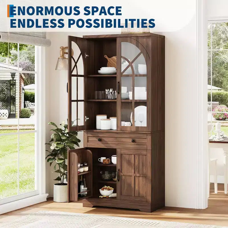 Armoire de cuisine haute de 72 po style ferme avec portes en verre cintrées et étagères réglables