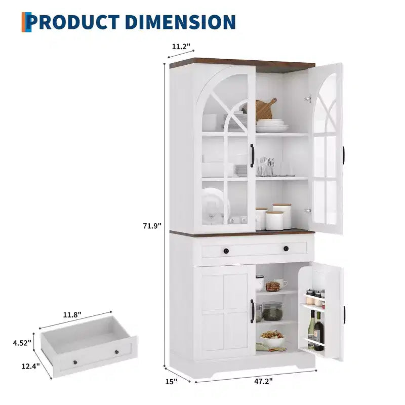 Armoire de cuisine haute de 72 po style ferme avec portes en verre cintrées et étagères réglables