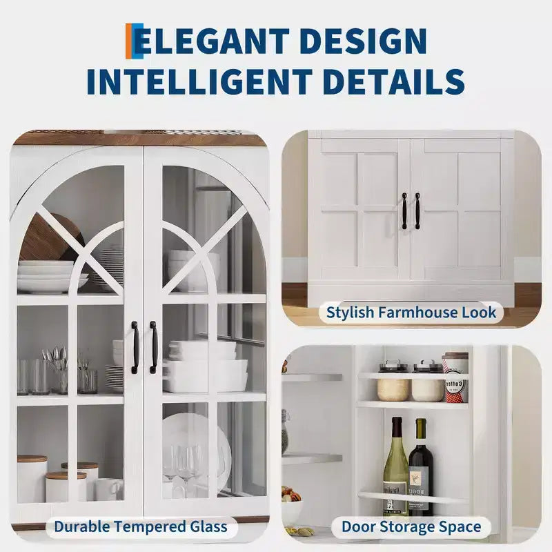 Armoire de cuisine haute de 72 po style ferme avec portes en verre cintrées et étagères réglables
