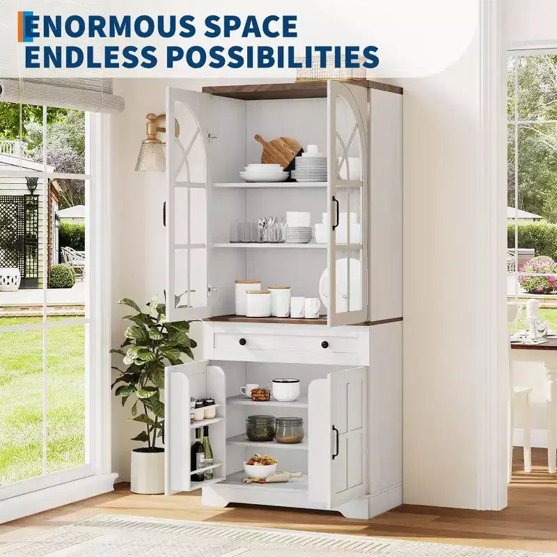 Armoire de cuisine haute de 72 po style ferme avec portes en verre cintrées et étagères réglables