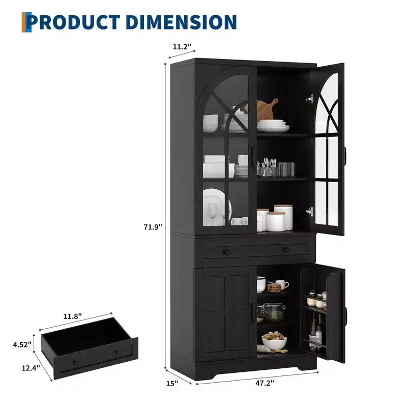 Armoire de cuisine haute de 72 po style ferme avec portes en verre cintrées et étagères réglables