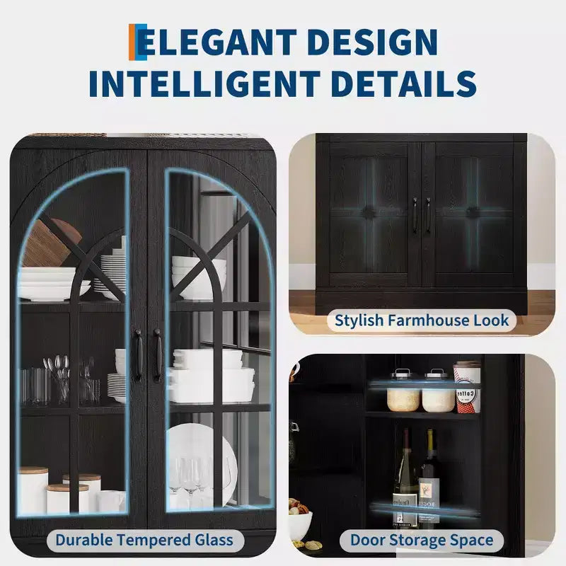 Armoire de cuisine haute de 72 po style ferme avec portes en verre cintrées et étagères réglables