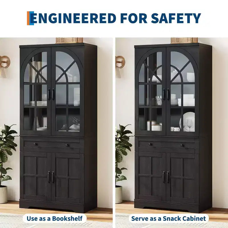 Armoire de cuisine haute de 72 po style ferme avec portes en verre cintrées et étagères réglables