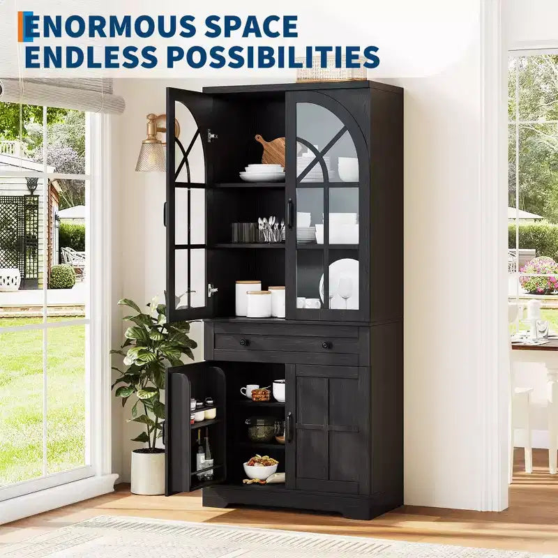 Armoire de cuisine haute de 72 po style ferme avec portes en verre cintrées et étagères réglables