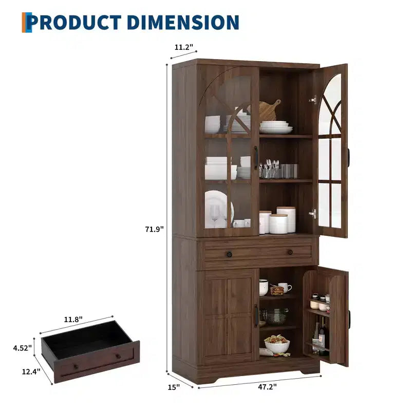 Armoire de cuisine haute de 72 po style ferme avec portes en verre cintrées et étagères réglables
