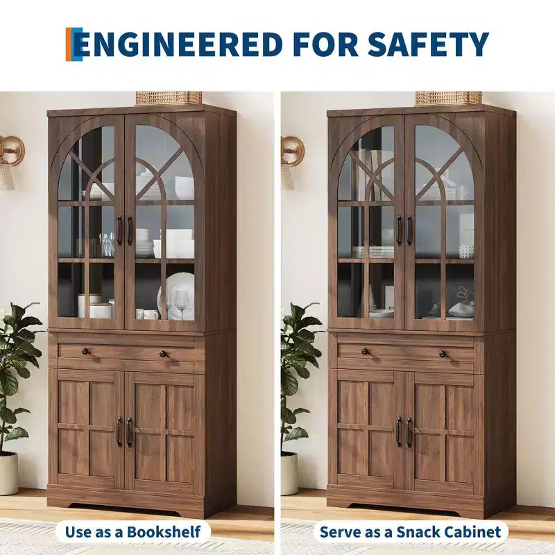 Armoire de cuisine haute de 72 po style ferme avec portes en verre cintrées et étagères réglables
