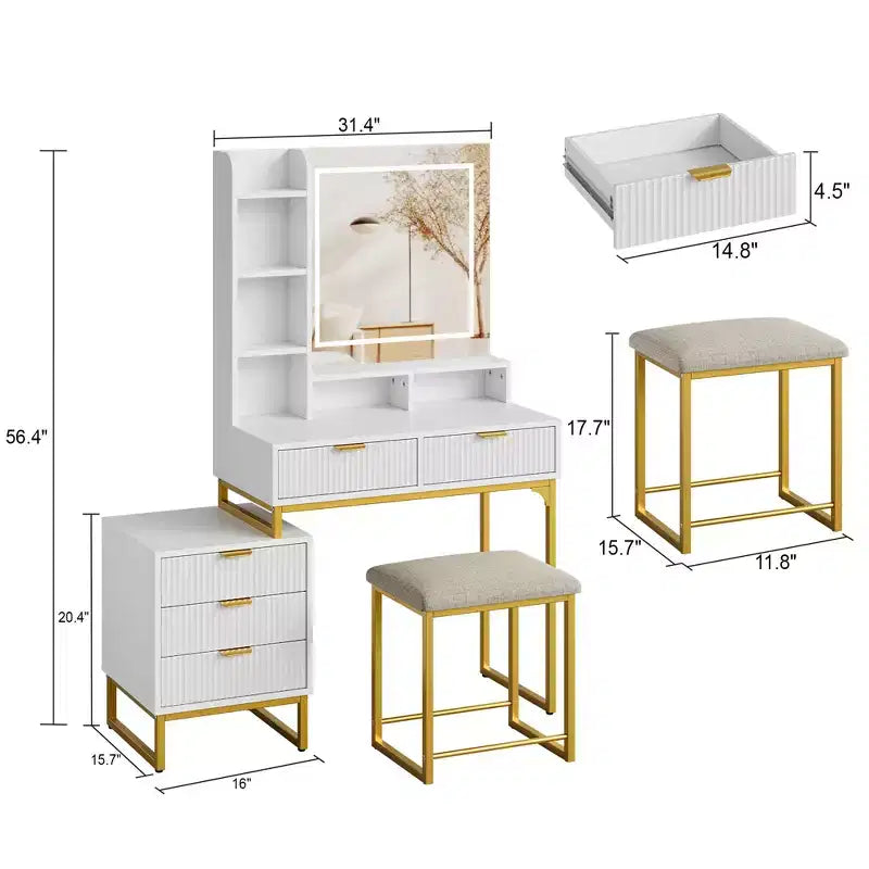 Coiffeuse blanche et or avec miroir éclairé, trois modes d'éclairage, cinq tiroirs, un meuble latéral amovible, quatre étagères ouvertes et un tabouret capitonné