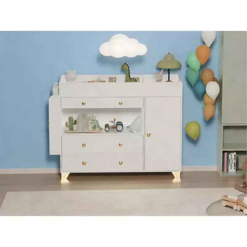 JVNOXK Coiffeuse moderne de 137 cm de large, table à langer, grand plateau, trois tiroirs, commode avec 12 tiroirs et étagères de rangement Blanche