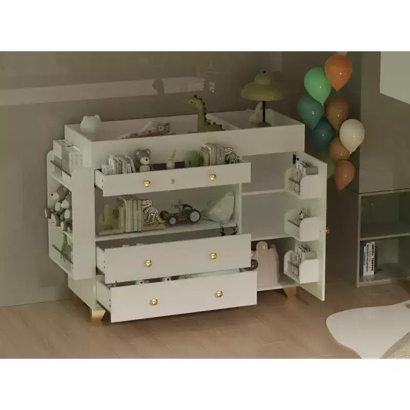 JVNOXK Coiffeuse moderne de 137 cm de large, table à langer, grand plateau, trois tiroirs, commode avec 12 tiroirs et étagères de rangement Blanche