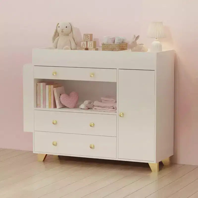JVNOXK Coiffeuse moderne de 137 cm de large, table à langer, grand plateau, trois tiroirs, commode avec 12 tiroirs et étagères de rangement Blanche