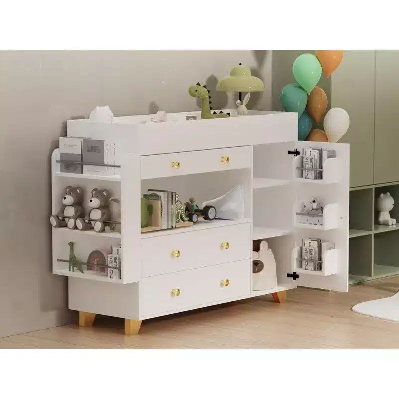 JVNOXK Coiffeuse moderne de 137 cm de large, table à langer, grand plateau, trois tiroirs, commode avec 12 tiroirs et étagères de rangement Blanche