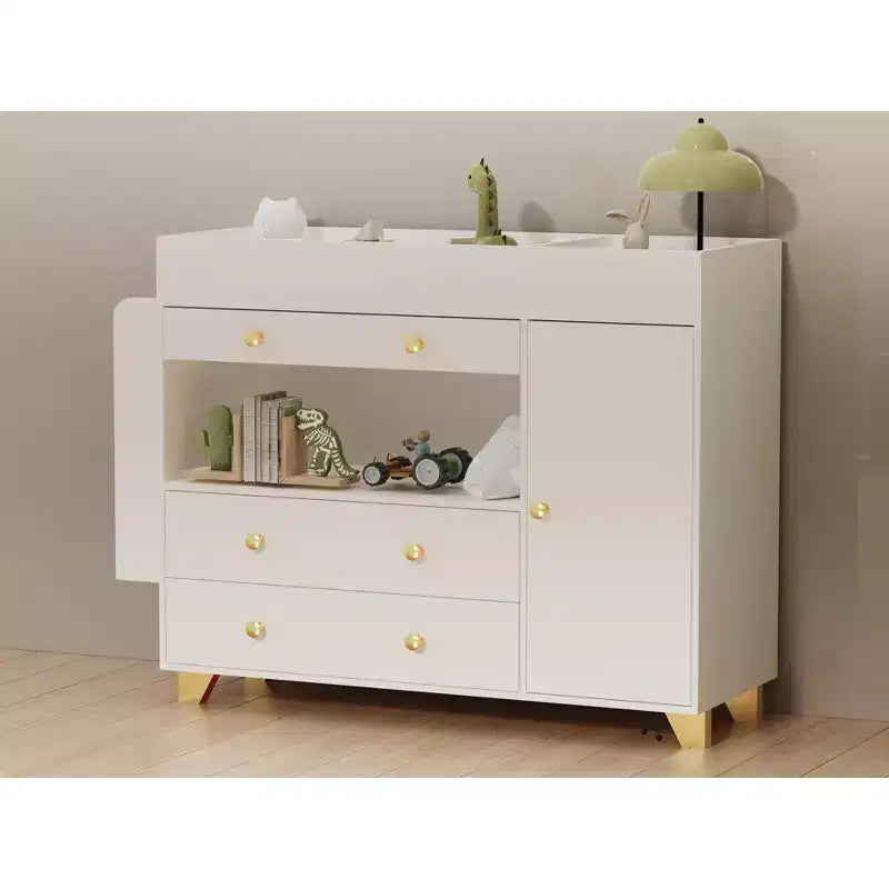 JVNOXK Coiffeuse moderne de 137 cm de large, table à langer, grand plateau, trois tiroirs, commode avec 12 tiroirs et étagères de rangement Blanche