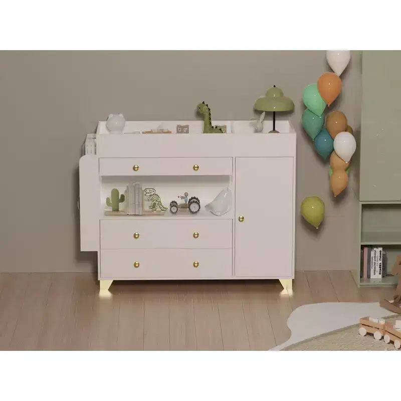 JVNOXK Coiffeuse moderne de 137 cm de large, table à langer, grand plateau, trois tiroirs, commode avec 12 tiroirs et étagères de rangement Blanche