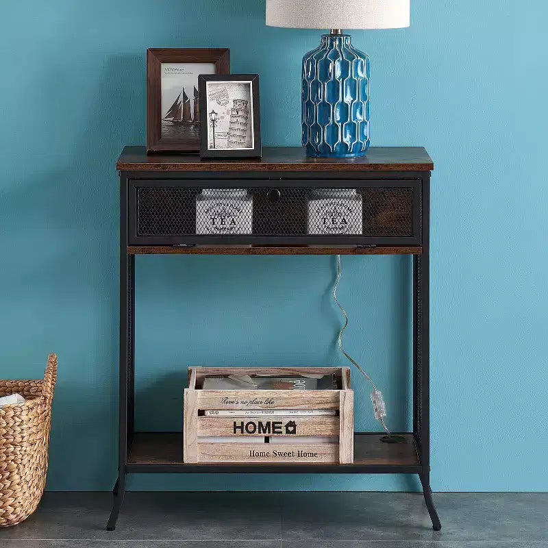 Console industrielle VECELO avec tiroir et étagères ouvertes, Table d'entrée rustique en bois et maille métallique, Table d'appoint de rangement pour salon ou couloir