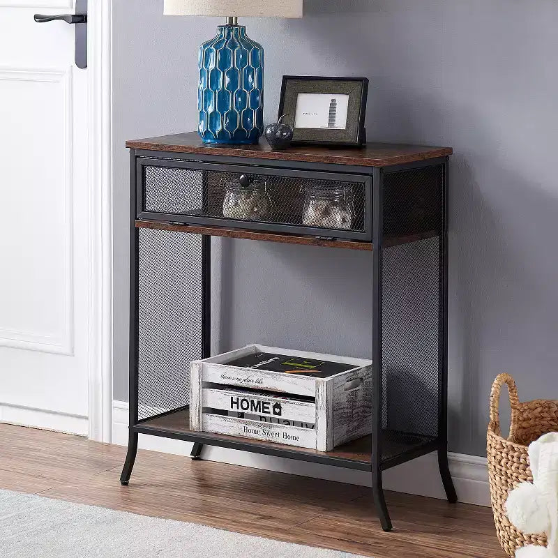 Console industrielle VECELO avec tiroir et étagères ouvertes, Table d'entrée rustique en bois et maille métallique, Table d'appoint de rangement pour salon ou couloir
